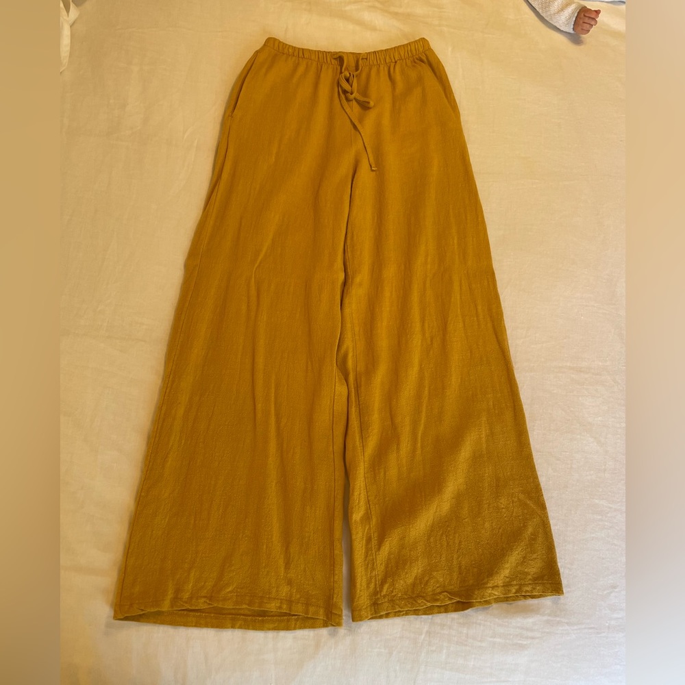 Yellow Linen Wide Leg Pants - Picture 2 of 3